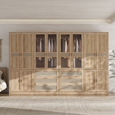 Armoire-penderie extra large de style champêtre à 4 compartiments, 79,1 po H x 126 po L, avec accents en rotin, portes et tiroirs en verre