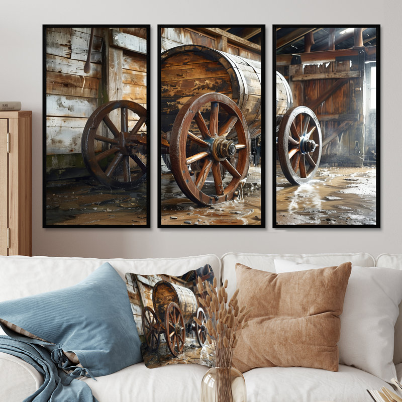 «Brown Rustic Barrels Charm IV», ensemble d'art mural rustique, H 28 po x l 36 po x P 1 po, Toile avec cadre flottant noir