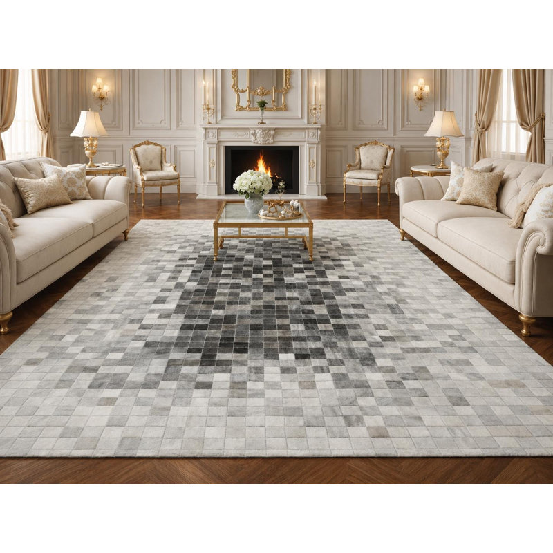 Tapis gris en cuir de vache patchwork gris, tapis en cuir véritable, motif carré moderne, Tapis de couloir 2,5 x 8 pi