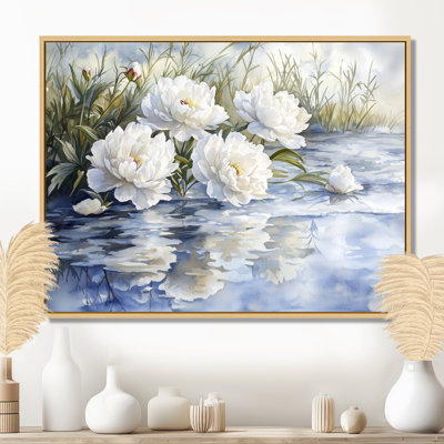 Olinger, pivoines blanches par l'étang gelé I - pivoines, art mural