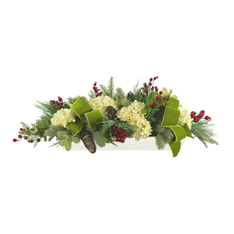 Holiday Arrangement with Hydrangeas, Ribbons and Berries