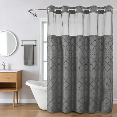 Tufted Chevron Striped Shower Curtain And Snap-On Liner Set, No-Hook Design With See-Through Top Window, Hotel Quality Textured Fabric For Modern Farmhouse And shabby elegance Bathroom Decor