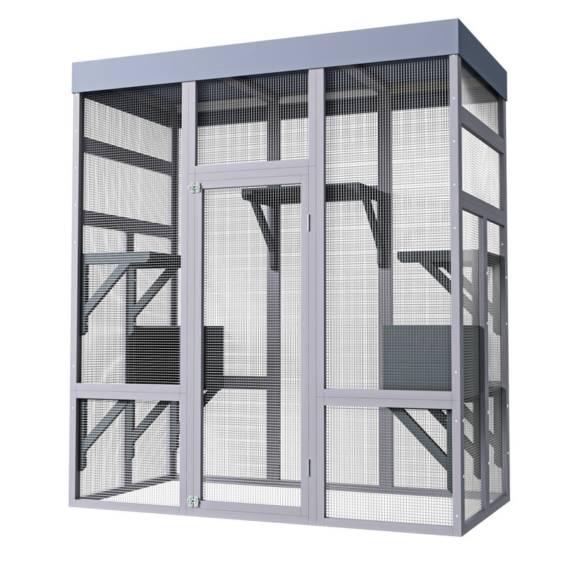 Enceinte pour chat 62,6 po en bois gris pour espaces extérieurs, toit imperméable, 2 zones de sieste, plateformes, grillage - rouille, grande cage stable avec, zones, utilisation optimale du patio