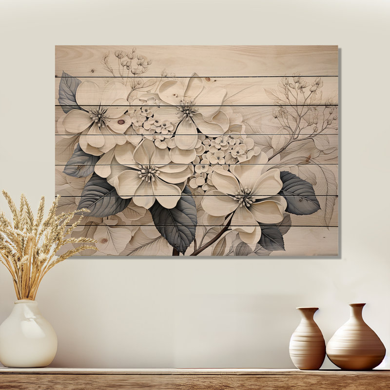 Grey Minimalism Hydrangea Delight I - Hydrangea Wood Wall Art On Natural Pine Wood, 24" H x 32" W