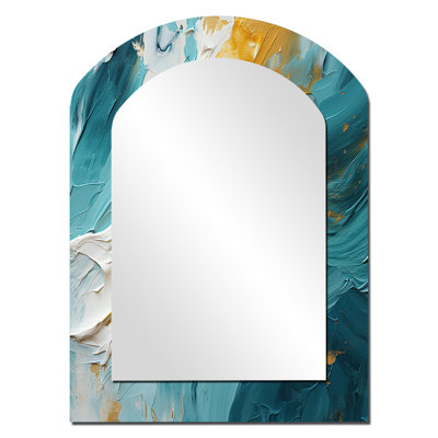 Golden Morning Glory Painting Gold On Teal II - Abstract Spirals Arch Wall Mirror, Pink Asymmetrical Decorative Mirror, Printed Metal Art