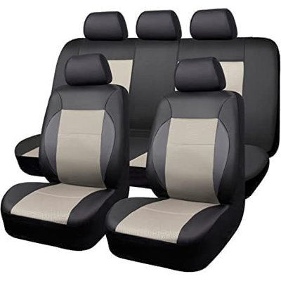 9-Piece PU Leather Car Seat Covers – Universal Fit 5-Seater Vehicle Interior Protector with Curved Stitching – Grey, Independent Packaging