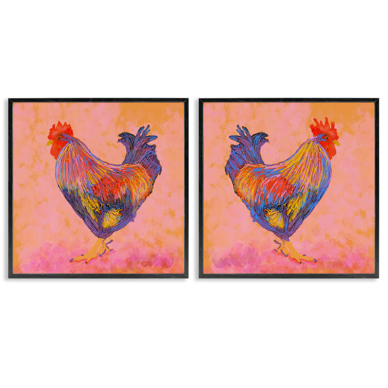 Coq avec des tons chauds, ensemble de 2 estampes numériques, design par Dina Riddle, Giclée encadrée noir minuit