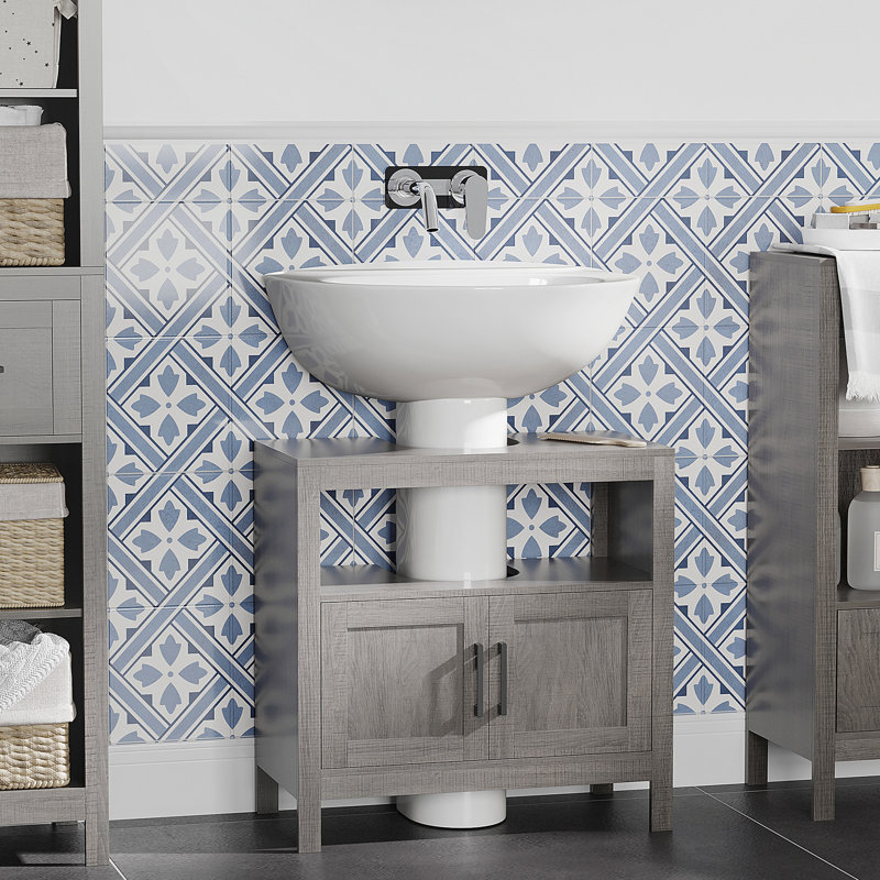 Armoire de salle de bain compacte avec 2 portes et tablette ouverte, rangement sous la porte gris