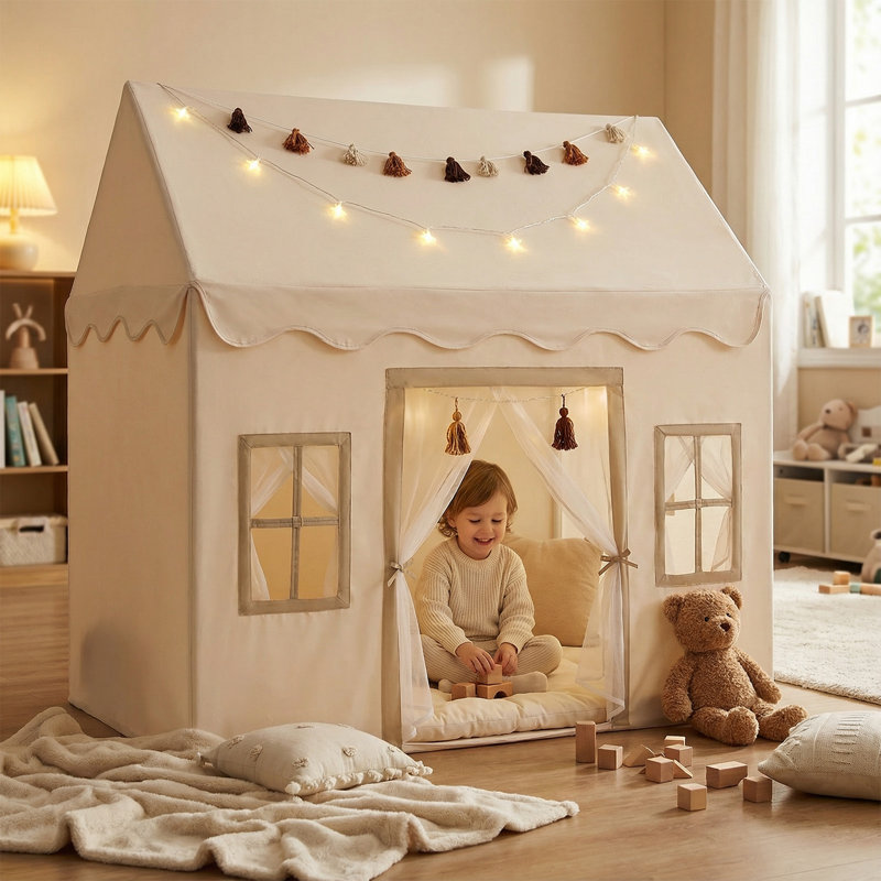 Kids Play Tent with Mat and Star Lights, Indoor/Outdoor Playhouse with Windows, 52" x 35" x 52" for Ages 3+, Beige
