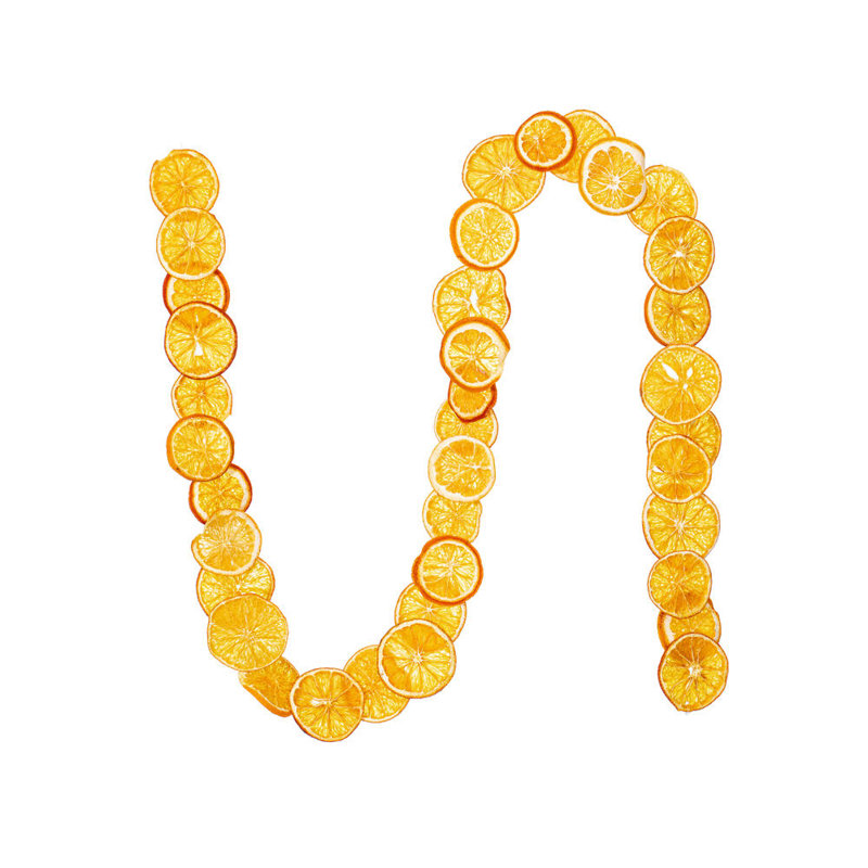 Natural Botanicals 10ft Natural and Dried Sliced Orange Garland. Dried orange slices are strung together with a clear cord. Recommended for Indoor Use.