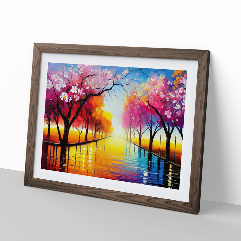 Cherry Blossom Tree Park Vol.1 - Single Picture Frame Painting, 25cm H x 34cm W x 2cm D, Walnut