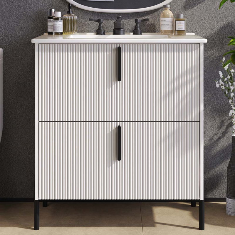 Meuble-lavabo de salle de bain avec lavabo en céramique et tiroirs pleine extension, Blanc