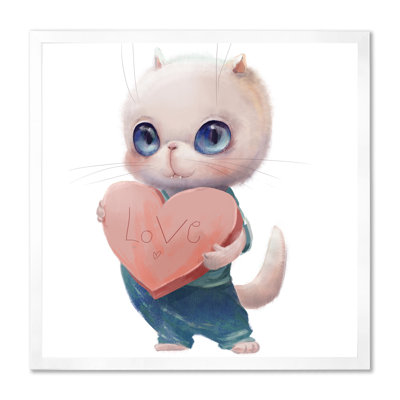 " Cute White Cat With Heart " Painting Print