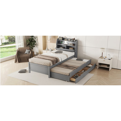 Lit plateforme simple en bois avec lit gigogne et tête de lit à DEL avec tiroirs, gris (ancien SKU: N820S00008E)