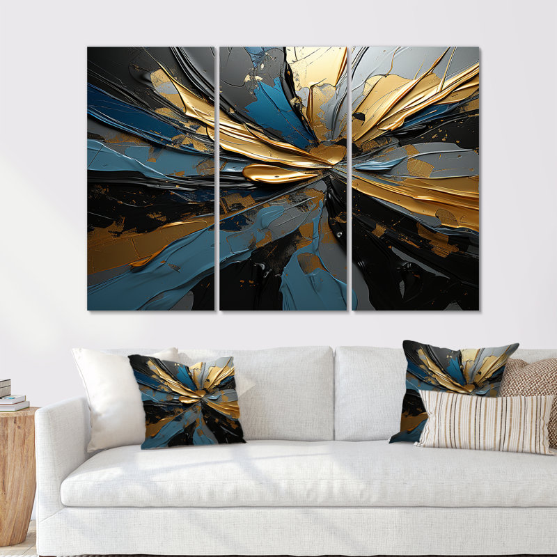 «Abstract Waves Blue Gold Outburst», ensemble de décorations murales abstraites, H 28 po x l 36 po x P 1 po, Toile tendue