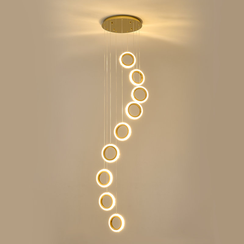 Gold Acrylic and Aluminum 9-Ring Adjustable Height Chandelier