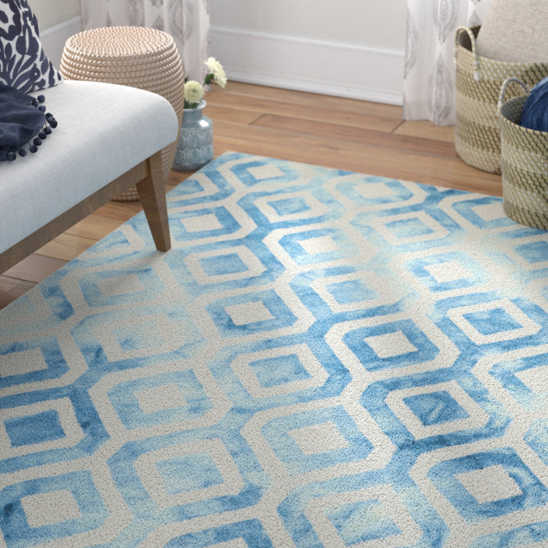 Bryauna Hand Tufted Wool/Cotton Geometric Rug in Ivory/Blue, Rectangle 8' x 10'