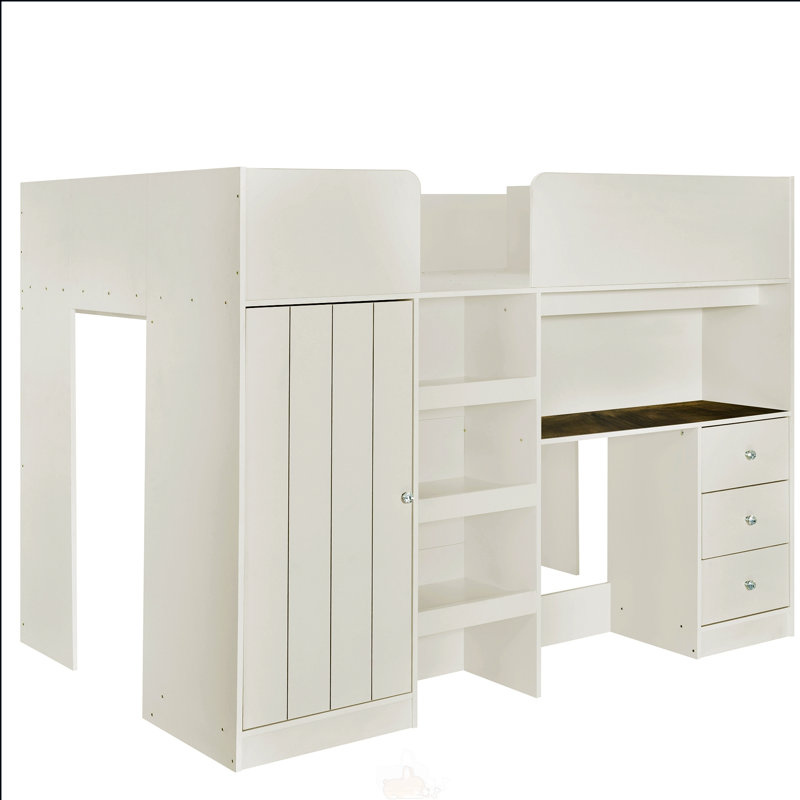 Lit mezzanine double en bois avec garde-robe intégré