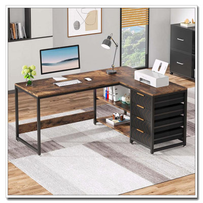 Bureau d'ordinateur en L avec tablettes et tablettes de rangement réversibles