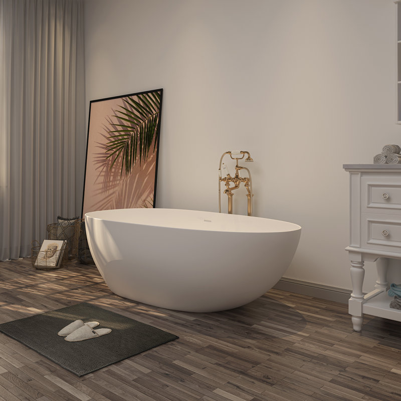 71 po. Baignoire autoportante à surface solide avec drain central en blanc mat 71 po