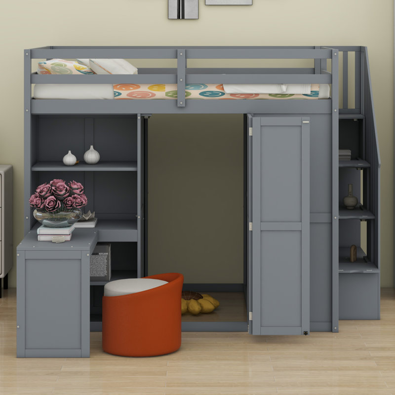 Lit superposé double avec garde-robe, bureau et tablettes, gris