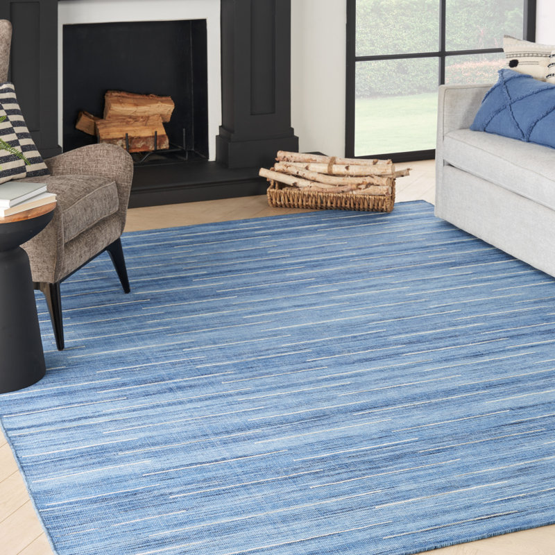 Tapis bleu denim en laine et coton tissé à la main Anerinda, Rectangle de 10 pi x 14 pi