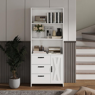 Bibliothèque à 6 niveaux avec porte et 3 tiroirs, bibliothèque haute de 71 po de hauteur avec 3 tablettes ouvertes, bibliothèque en bois avec armoire de rangement pour bureau à domicile, salon, chambre à coucher