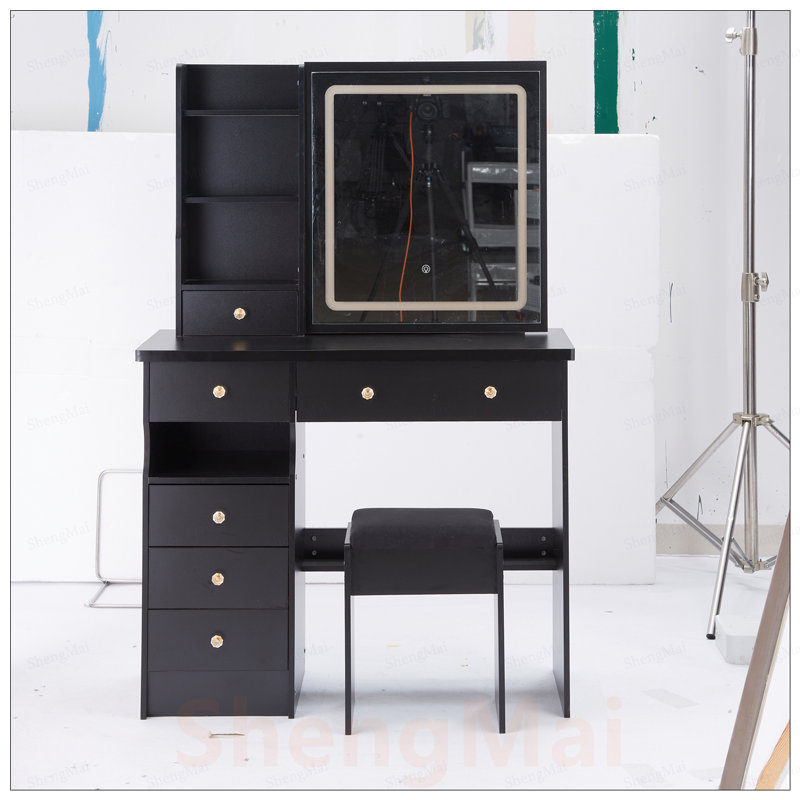 Meuble-lavabo de luxe avec tiroir à gauche avec miroir DEL coulissant, douilles intégrées et tabouret rembourré, certifié pour la sécurité