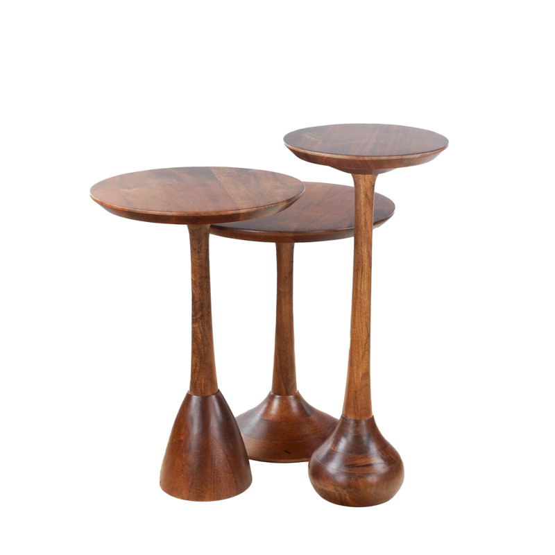 Ensemble de 3 tables d'appoint rondes avec plateau en bois de manguier et base piédestal