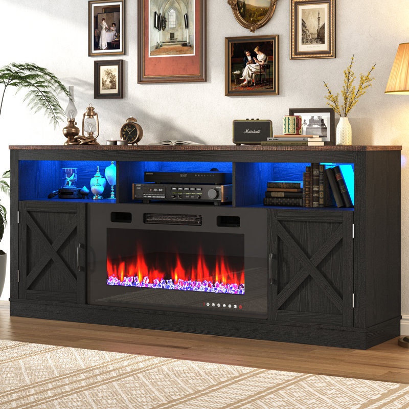 Zev Storage Credenza with Fireplace Included, 31.5" H x 70.8" W x 13.8" D, Black