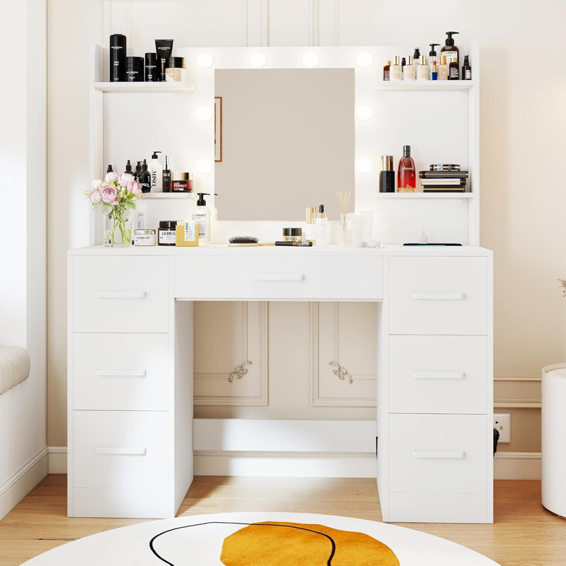 43.3" Makeup Vanity With 7 Drawers, Power Outlet, And Mirror Cabinet With Three-color Lighting In Black, Black