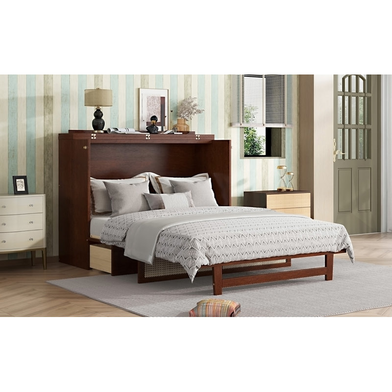 Grand lit escamotable, armoire en bois de pin avec décoration en rotin et tiroir de rangement