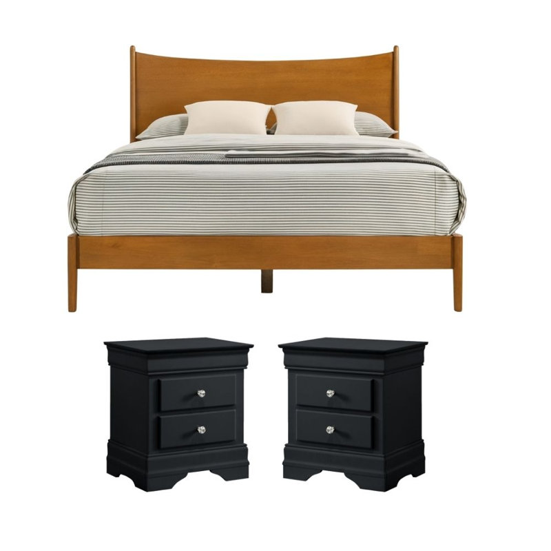 Barvelle Solid Wood 3 Piece Bedroom Set, Orange/Black, 3 Pcs: Bed, 2 Nightstands