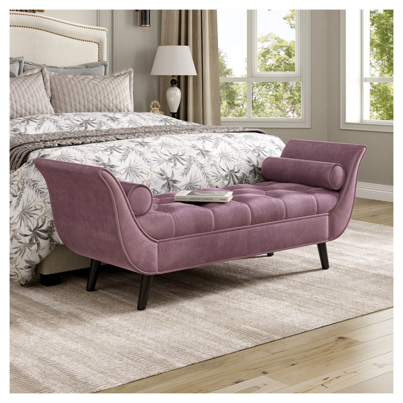 Banc rembourré en velours mauve avec deux coussins, siège de bout de lit, Purple, Black