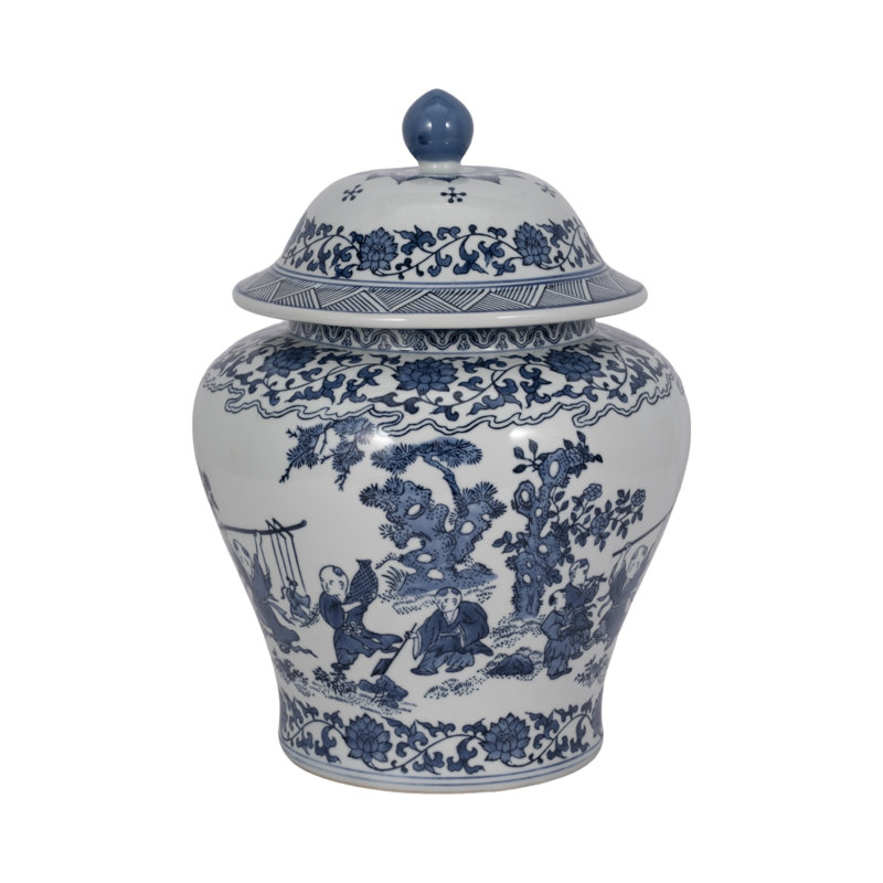 Chinoiserie Stoneware Ceramic Lidded Jar 15" Blue Traditional Decorative Accent for Home Office Bedroom Living Room