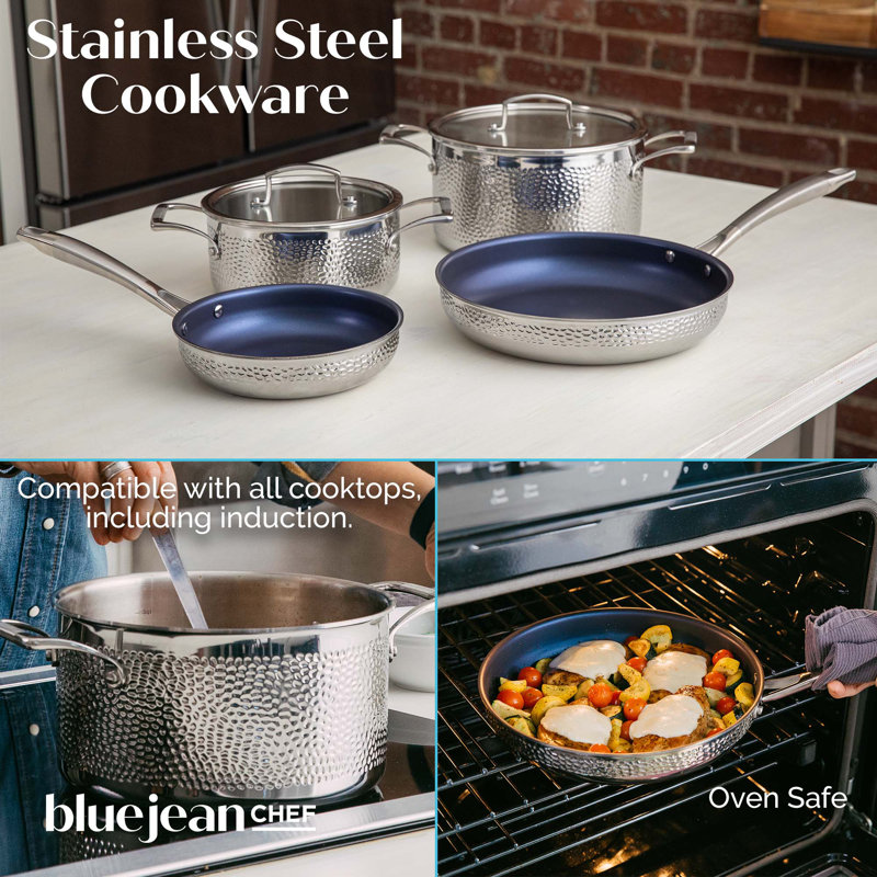 6-Piece Hammered Stainless Steel Non-Stick Cookware Set with Blue Interior