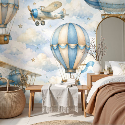 Papier peint adhésif à peler et coller, hélices, montgolfières, ciel bleu doux, 69 po x l 96 po, papier peint amovible en PVC, adhésif mural pour chambre à coucher, bureau à domicile
