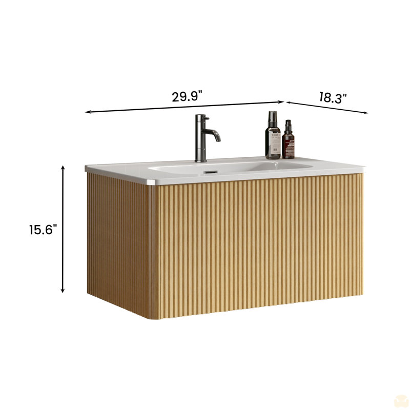 30" Striped Bathroom Vanity With Ceramic Sink, Wall Mounted Floating Bathroom Vanity, 30", Oak