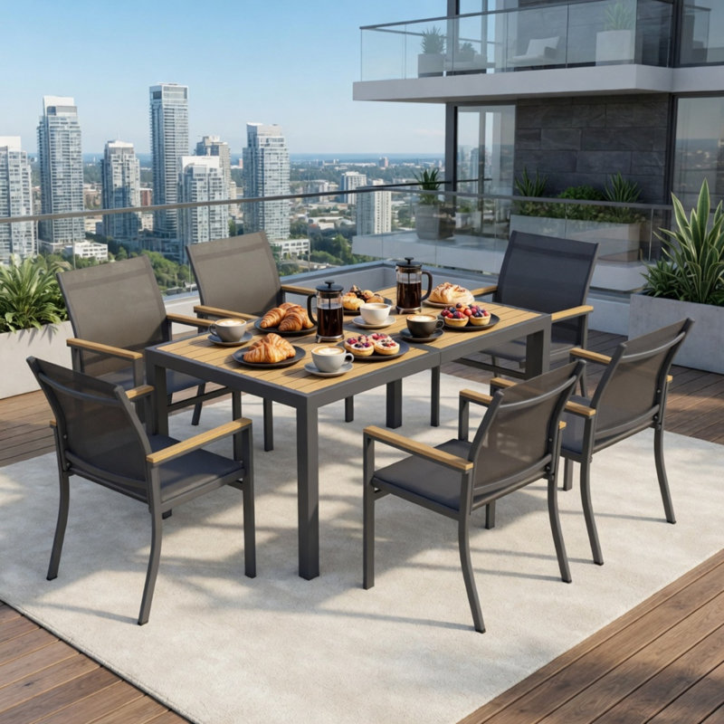 Ensemble de salle à manger 7 pièces en aluminium gris, table rectangulaire haute densité HDPS à 6 places et chaises en textilène pour le patio