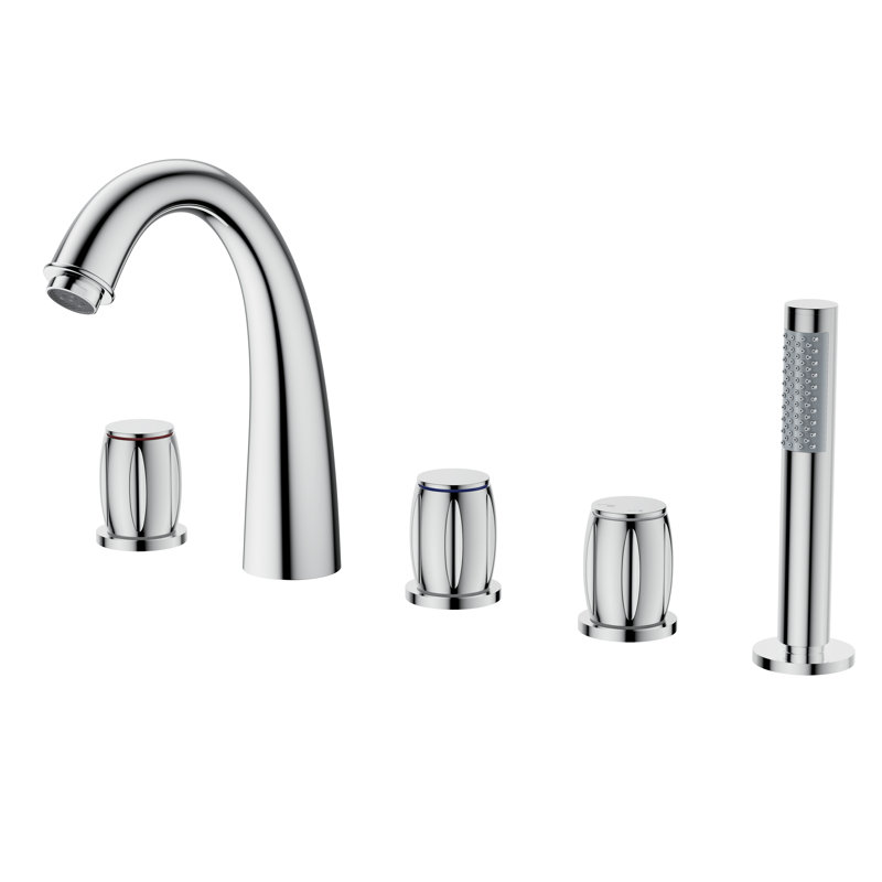 3 Handles Deck Mount Roman Tub Faucet With Hand Shower, Chrome