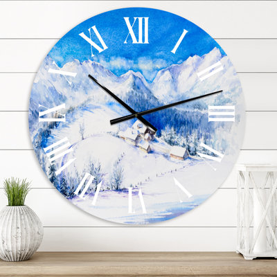Winter Mountain Landscape With Wooden House - Traditional wall clock