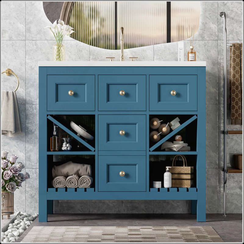 Meuble-lavabo autoportant de 36 pouces avec lavabo en résine, structure en bois massif et grand espace de rangement pour les salles de bain modernes