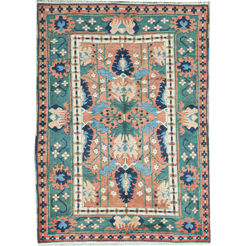 Hand-Knotted High-Quality Rust and Green Area Rug