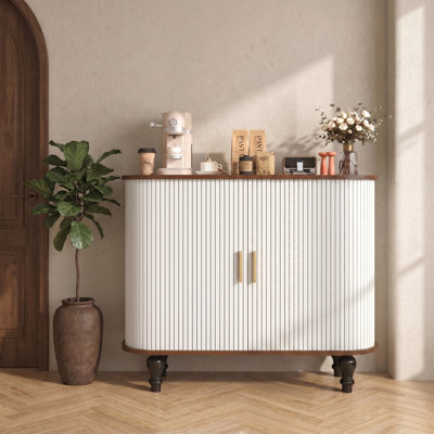 39.4" Bar Cabinet, Retro Style Bar Cabinet with Side-sliding Roll-up Doors and 6 Wine Racks