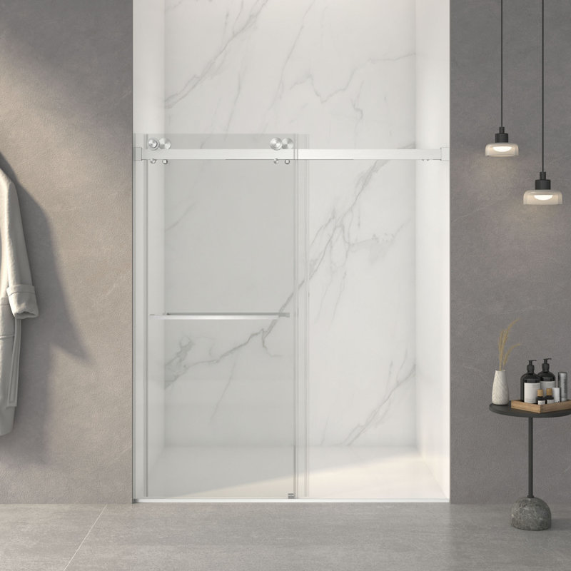 Porte de douche coulissante double sans cadre de 56 à 60 po x H 70 po, verre trempé clair de 5/16 po (8 mm) de large épaisseur, couche facile à nettoyer, avec tampon