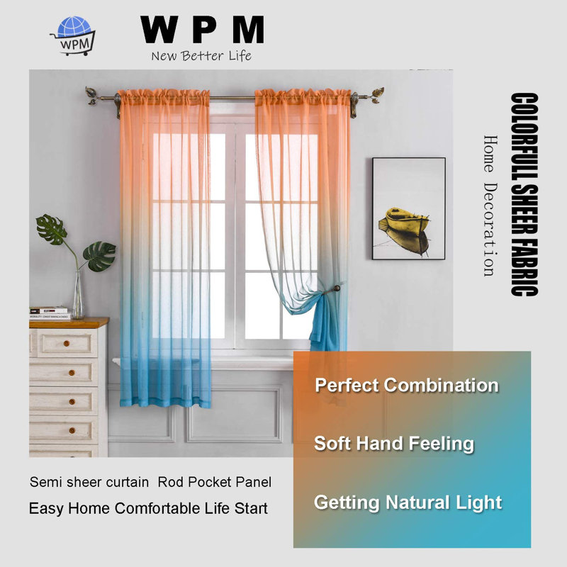 Ombre Sheer Semi Sheer Curtains / Drapes Pair, Orange Teal, 57" W x 63" L