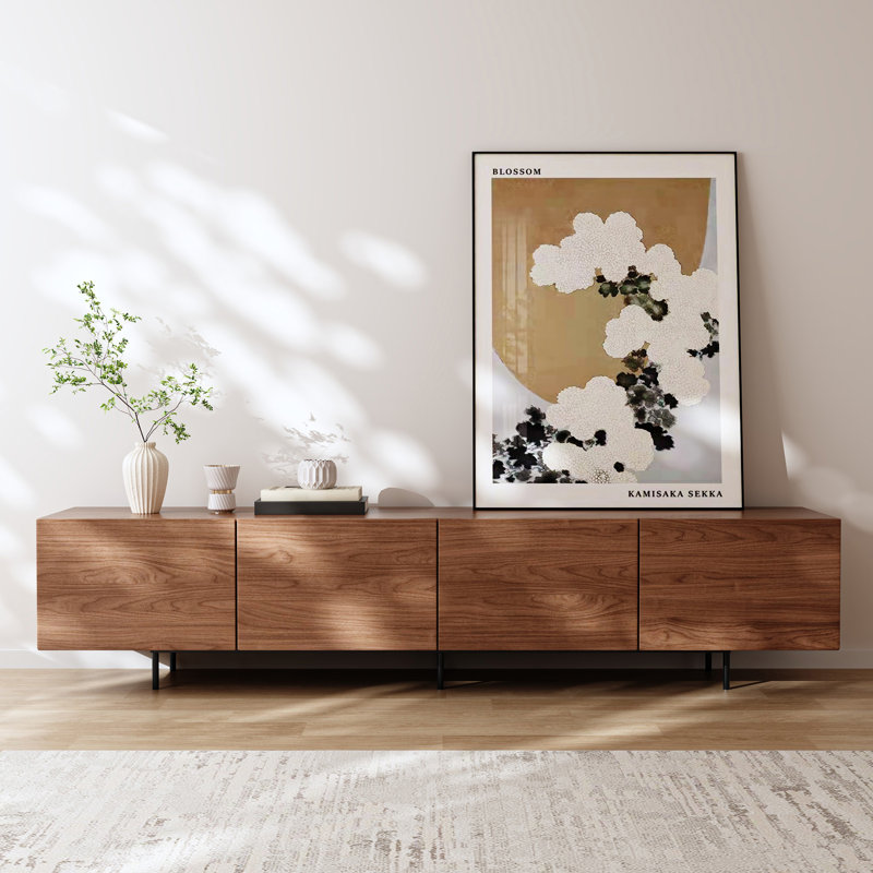 Modern 4-Door TV Stand Storage Credenza, Walnut, 21.7"H x 86.6"W x 15.2"D