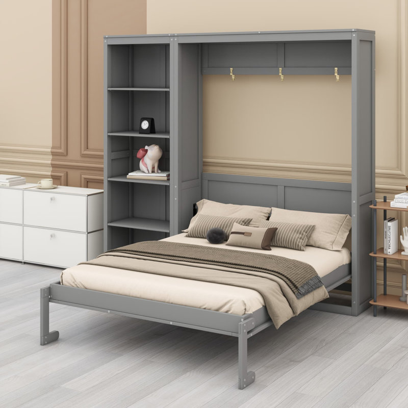 Lit escamotable mural Ell Elletsville avec tablettes, gris, Grand