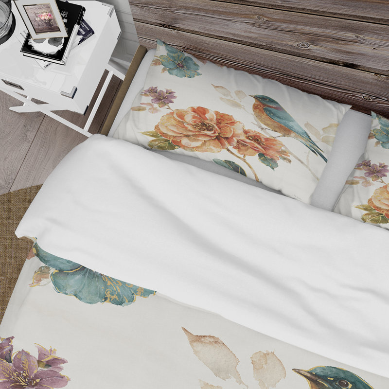 Oiseau de chalet sur fleur d'oranger - ensemble de housse de couette traditionnel - microfibre de polyester