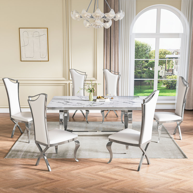 7 Pieces Luxury Kitchen Dining Table Set Of 6,70”Faux Marble Top With U-Shape Metal Base Dining Table For Kitchen, Dining Room